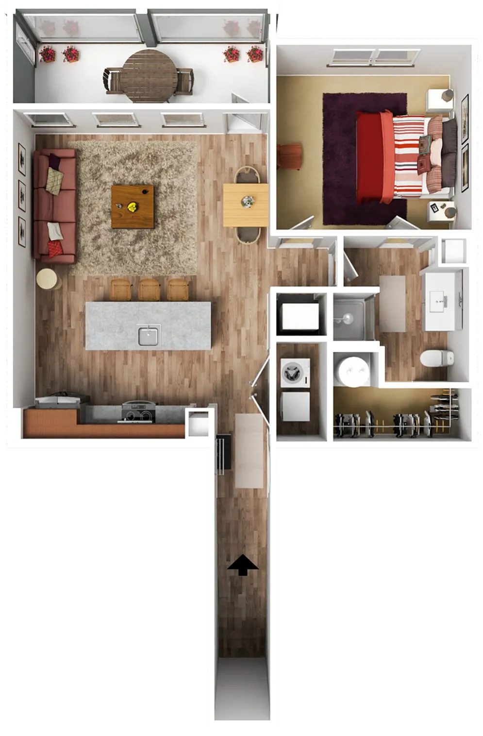 Charming floor plan with one bedroom, open-concept kitchen, cozy living room, modern bathroom, and a balcony.