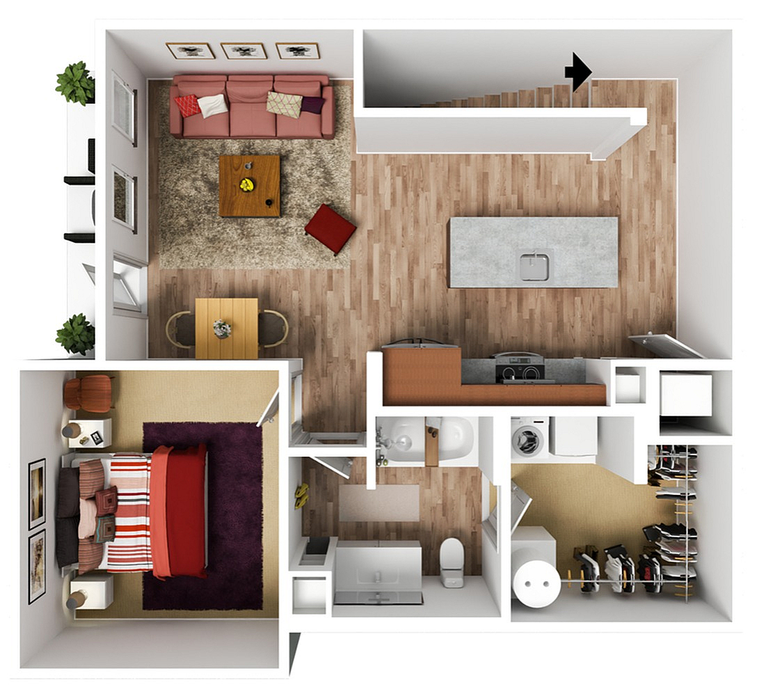Modern floor plan showcasing an elegant one-bedroom with an open living area, chic kitchen, and cozy balcony.