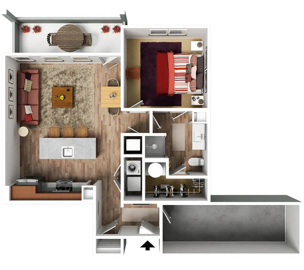 Modern floor plan showcasing 1 bedroom, an inviting living area, open kitchen with island, and a cozy balcony.