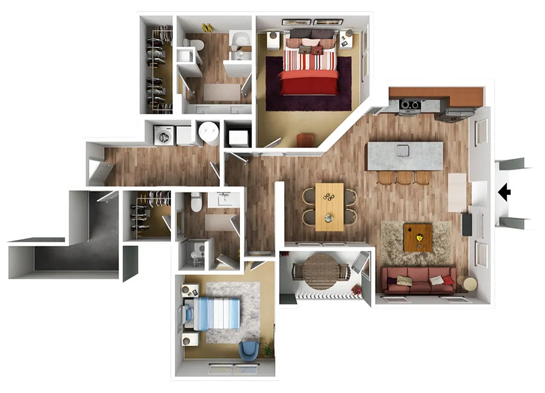 Modern floor plan showcasing 2 bedrooms, open kitchen with island, cozy living room, and functional dining area.