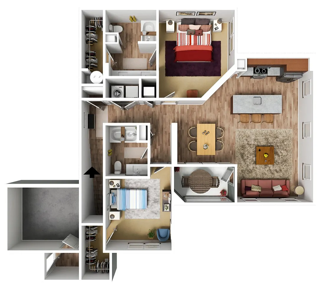 Modern floor plan showcasing 2 cozy bedrooms, spacious open-plan living and dining area, sleek kitchen, and two well-appointed bathrooms.