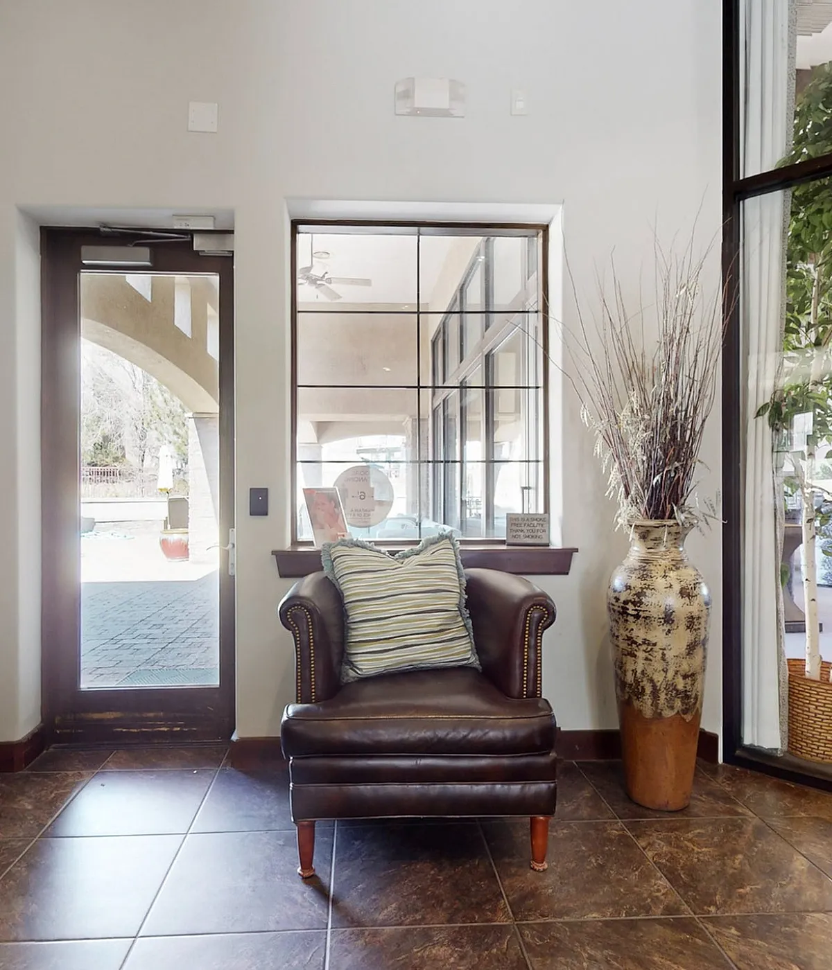 Elegant entrance with a leather chair, large plant, and glass doors letting in abundant natural light.