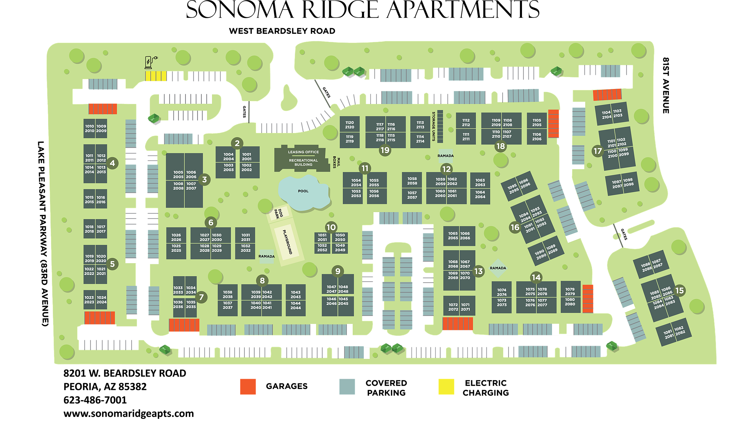 Vibrant apartment complex map showcasing diverse amenities including a pool, playground, and ample parking surrounded by lush greenery.