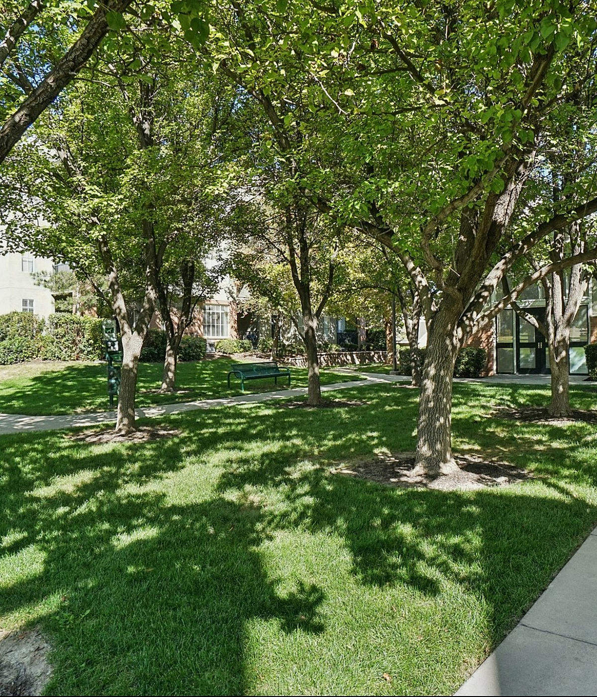 Inviting apartment community with lush green lawns, mature trees, and winding pathways offering a serene outdoor retreat.