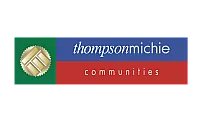 Vibrant logo featuring a gold emblem on a green background, with elegant typography displaying 'thompson michie communities' in stylish blue and red stripes.