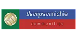 Elegant logo design for Thompson Michie Communities featuring a gold geometric emblem with bold color blocks.