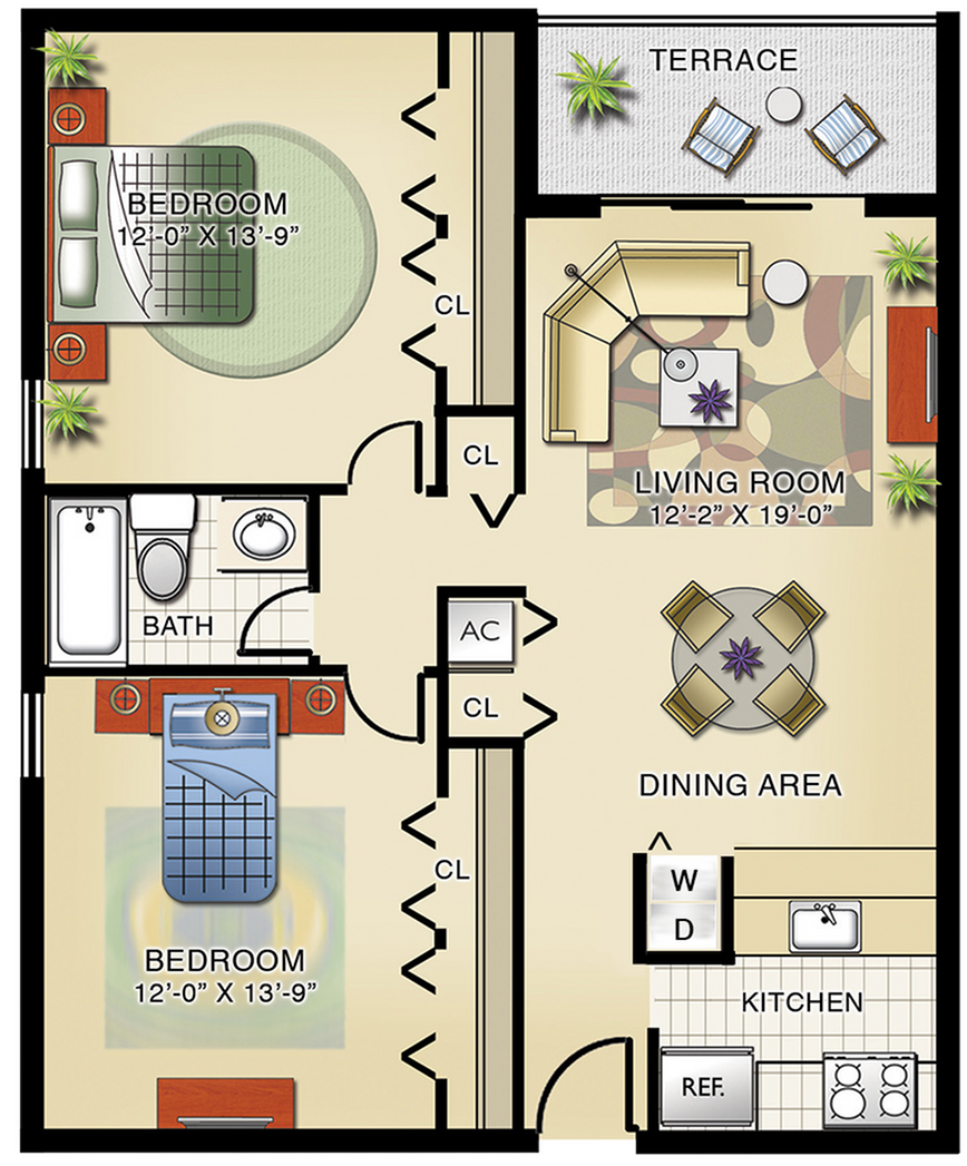 Model B | 2 Bedrooms, 1 Bath