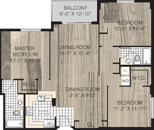Modern floor plan showcasing a spacious layout with a master bedroom, two additional bedrooms, open living and dining areas, a functional kitchen, two bathrooms, and a welcoming balcony.