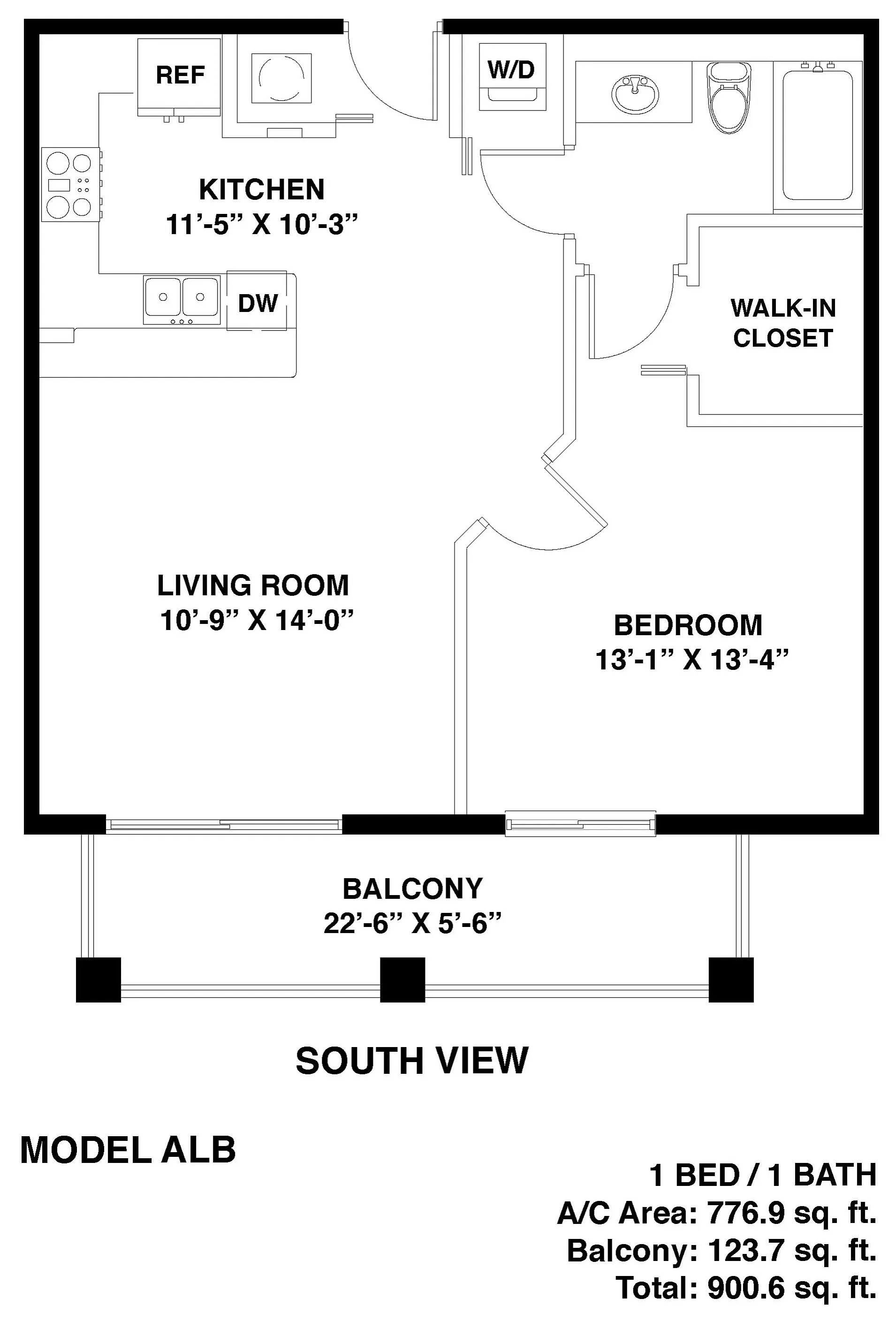 Inviting floor plan of Model ALB with 1 bedroom, 1 bathroom, open kitchen, spacious living room, and a scenic south view balcony.