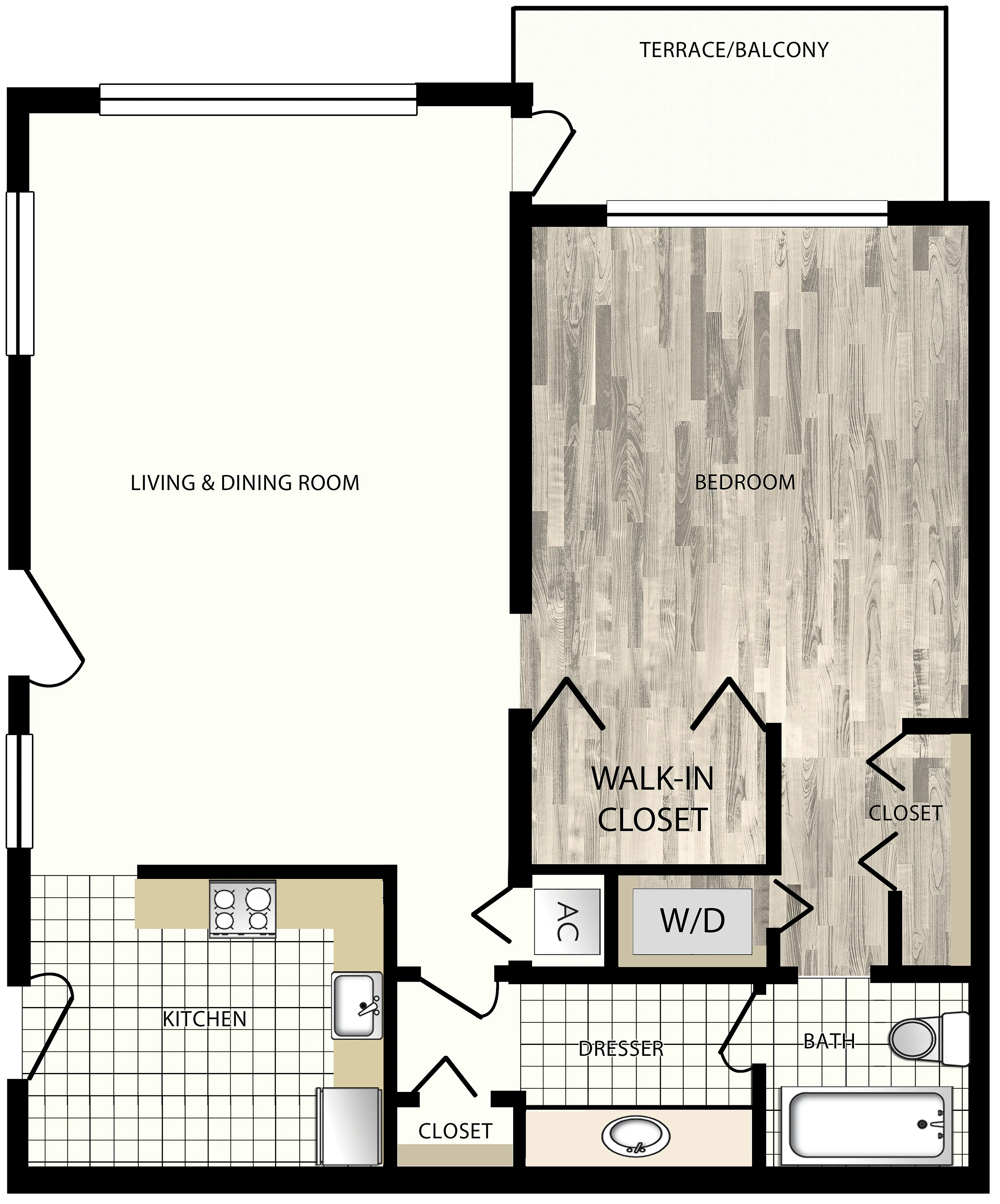 Modern floor plan featuring a spacious living and dining room, elegant kitchen, one bedroom with walk-in closet, and a balcony terrace.