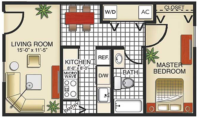 Cozy floor plan featuring a master bedroom with attached bath, inviting living room, and efficient kitchen with pantry. Includes a dining area, closet, and convenient washer/dryer.