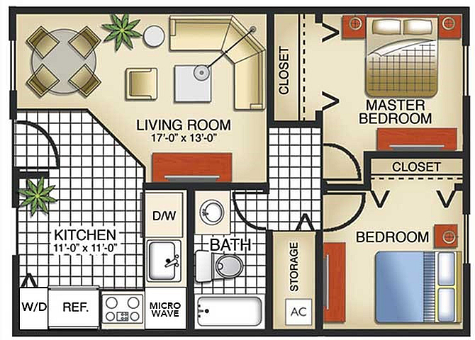Elegant apartment floor plan with 2 cozy bedrooms, stylish living room, and well-equipped kitchen highlighting modern convenience.