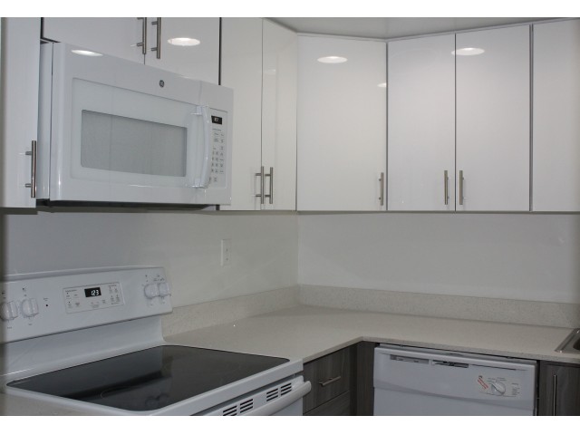 Granite/Quartz Countertops with Modern, White European-Style Cabinetry With Self-Closing Hinges