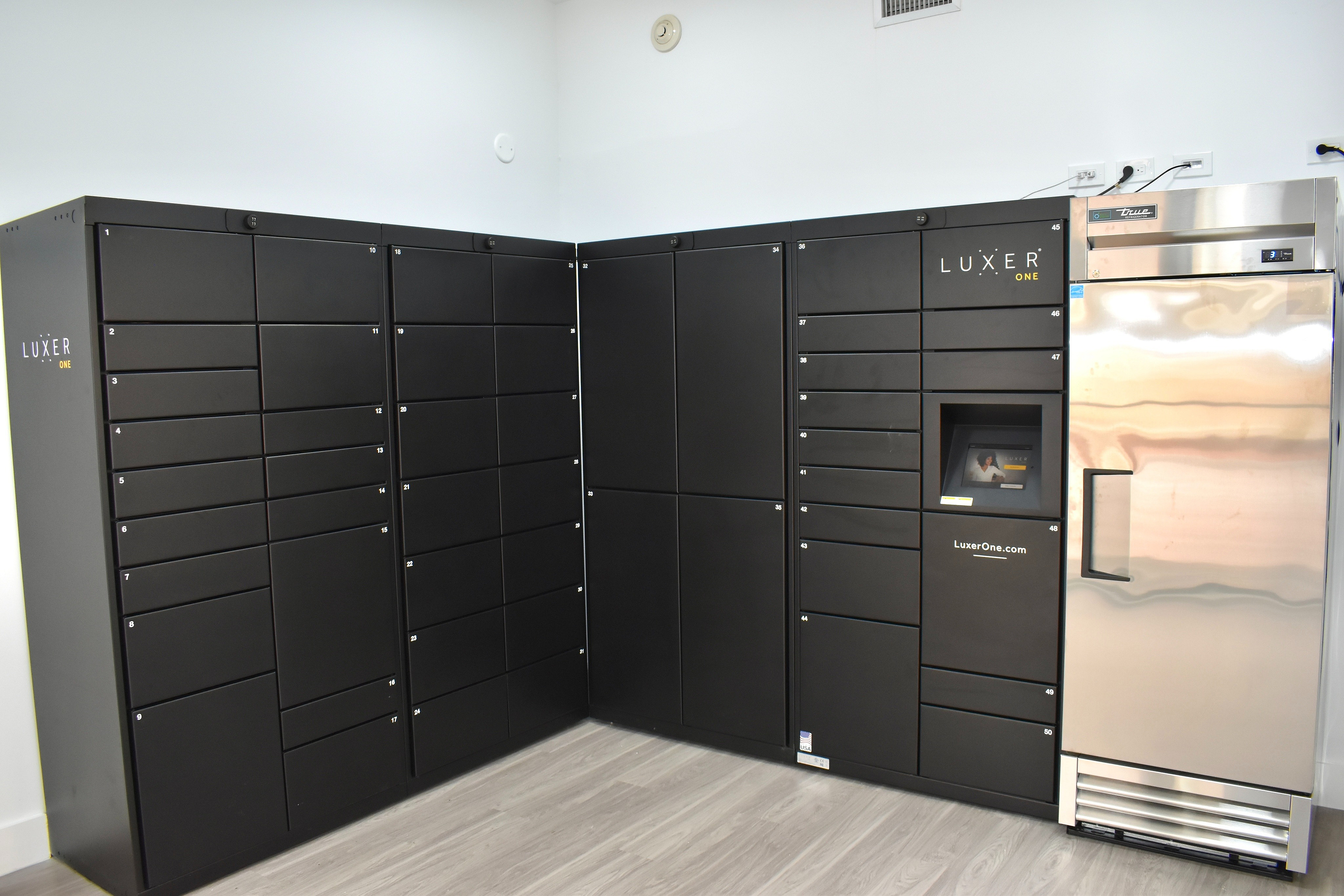 Modern apartment amenities featuring sleek Luxer One package lockers and a high-end stainless steel fridge.