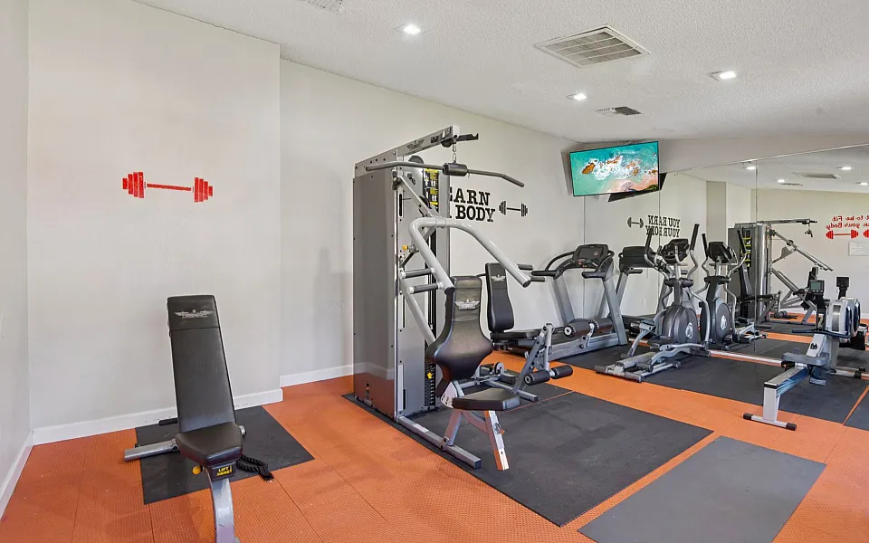 Modern fitness center with state-of-the-art gym equipment and vibrant orange flooring for energetic workouts.