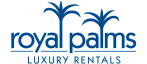 Elegant Royal Palms Luxury Rentals logo featuring stylized palm trees in a sophisticated blue design.