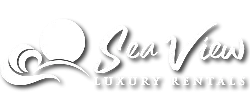 Elegant logo of Sea View Luxury Rentals featuring a stylized wave and sun design, highlighting premium seafront accommodations.