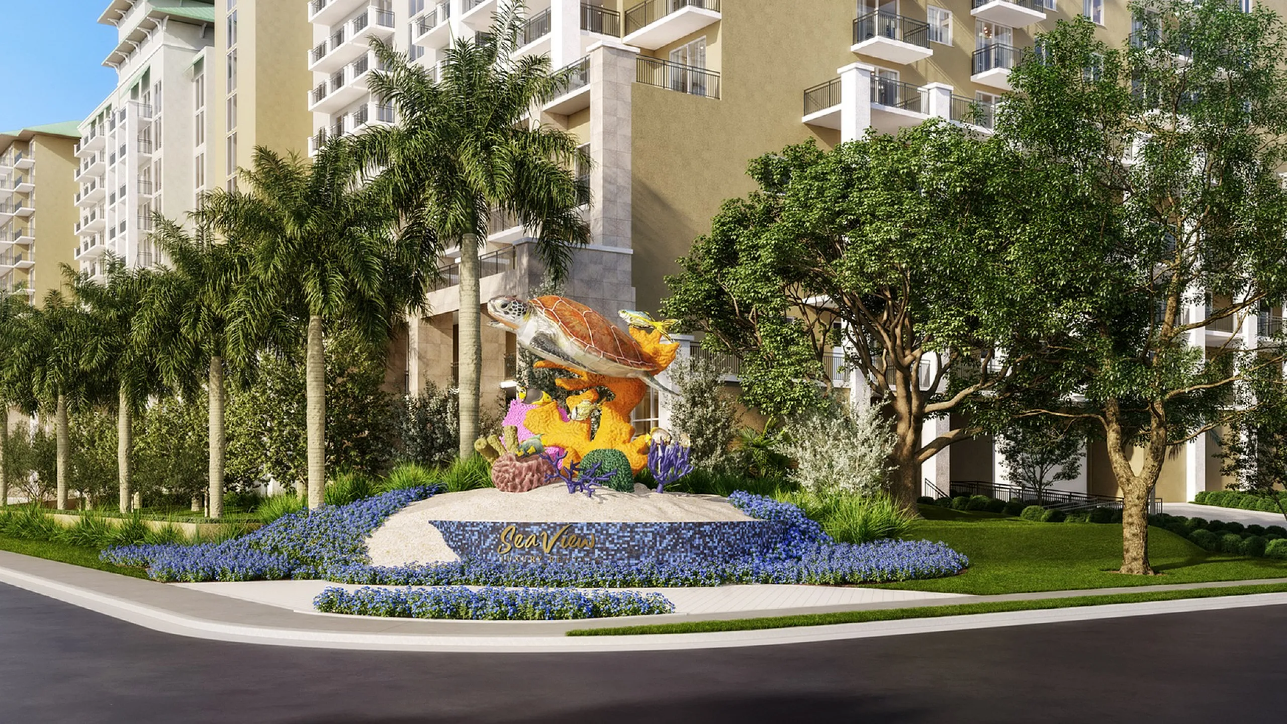 Elegant apartment complex facade with lush palm trees and a vibrant turtle sculpture garden, offering a luxurious tropical living experience.