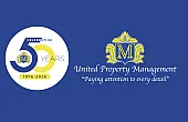 Elegant 50th anniversary logo for United Property Management, showcasing dedication to detail with blue and gold accents.