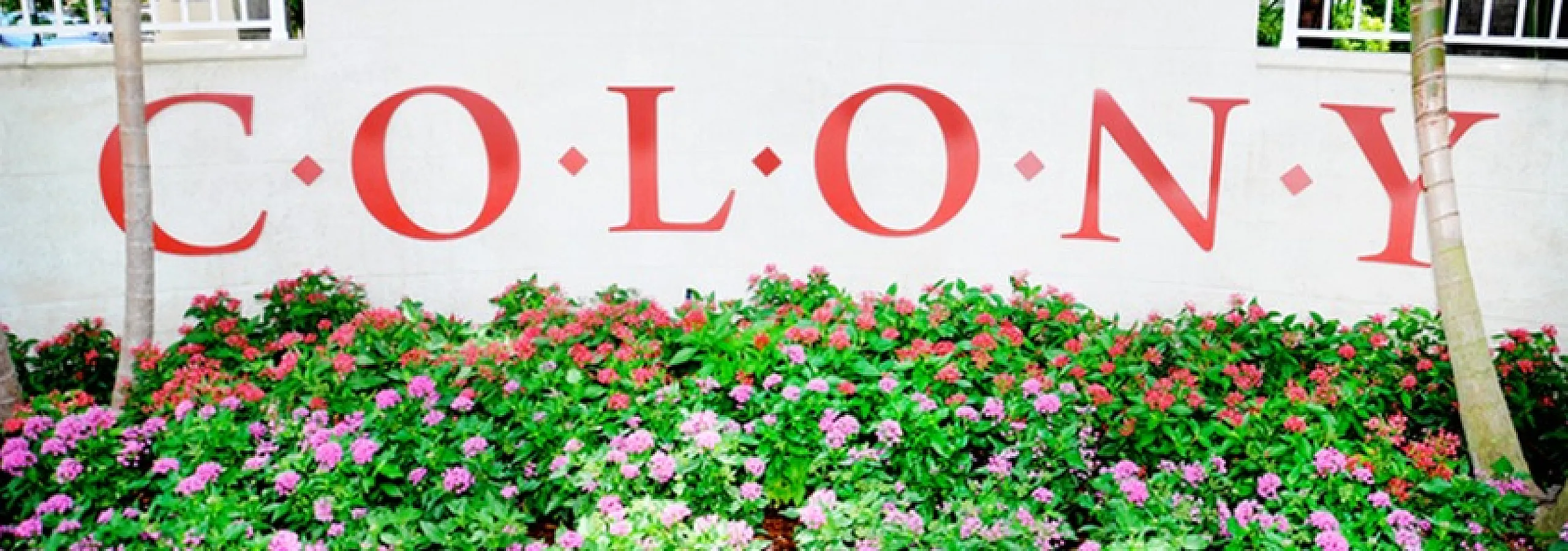 Vibrant entrance to Colony with lush greenery and colorful flowers, showcasing a welcoming and serene atmosphere.