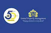 United Property Management's 50th-anniversary logo in elegant blue and gold, celebrating five decades of excellence and attention to detail.