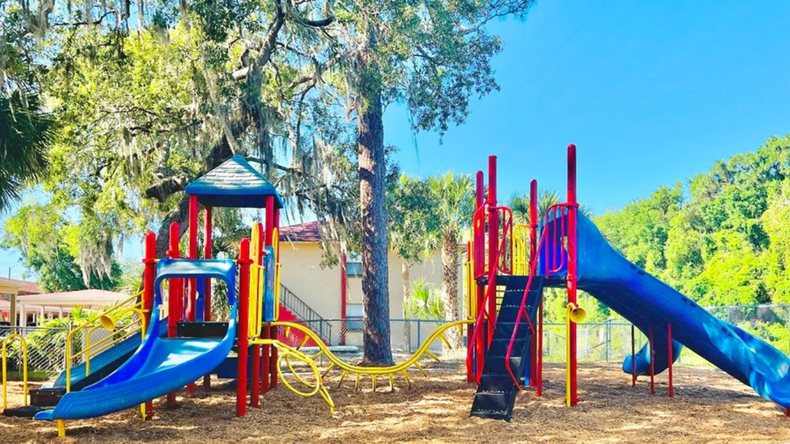 Vibrant playground nestled under mature trees, featuring colorful slides and climbing structures for family enjoyment.
