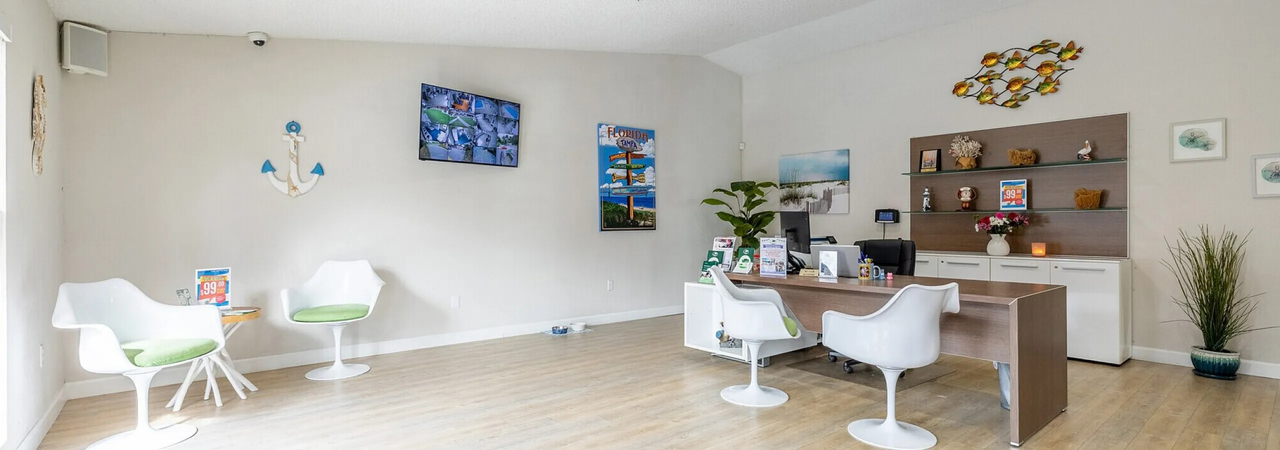 Bright and modern office space with stylish white chairs, elegant wood flooring, and vibrant wall art, creating an inviting and professional atmosphere.