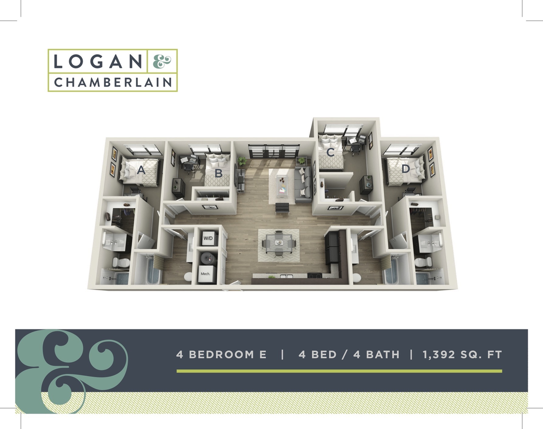 4 Bed, 4 Bath Courtyard 4 Bed Apartment Yugo Raleigh Logan Student Housing