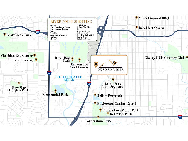 Map showing the Oxford Vista area near the South Platte River in Colorado, highlighting parks, recreational sites, and shopping destinations. Major landmarks include River Point Shopping Center with stores like Costco, Target, Chick-fil-A, and Texas Roadhouse. Nearby parks include Bear Creek Park, Bow Mar Heights Park, Centennial Park, River Run Park, Jason Park (and Dog Park), Pirates Cove Water Park, and Cornerstone Park. Other points of interest include Broken Tee Golf Course, Cherry Hills Country Club, Sheridan Library and Rec Center, Belisle Reservoir, Englewood Canine Corral, Moe’s Original BBQ, and Breakfast Queen. The Oxford Vista logo is prominently placed near the center.