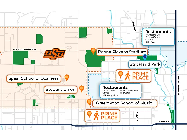 map showing OSU location to PP campus and city amenities