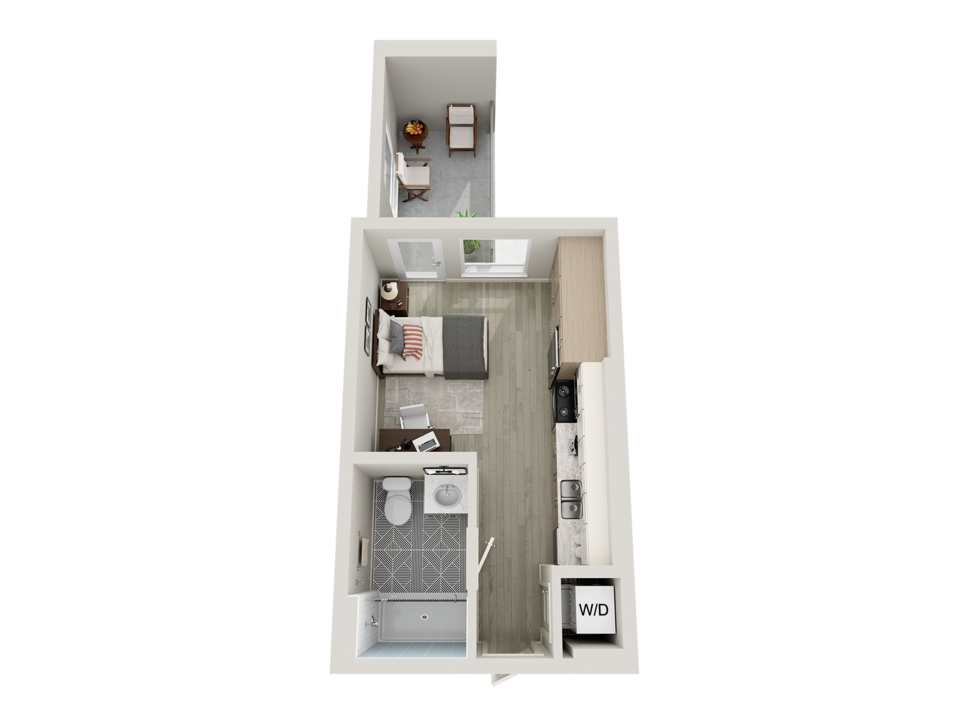 Studio floorplan with a bed, desk, kitchen, bathroom, outdoor patio, closet, and washer dryer.