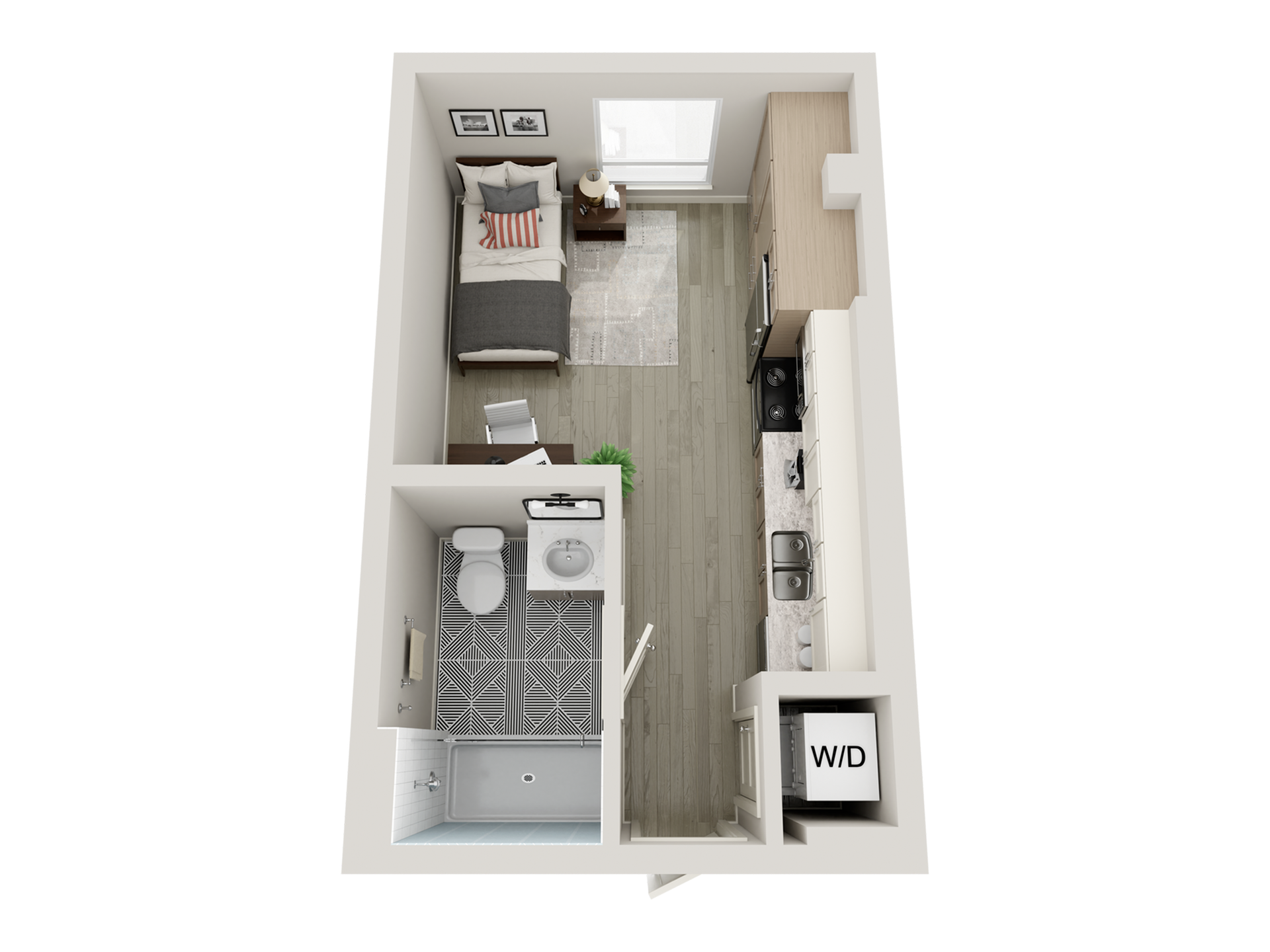 Studio floorplan with a bed, desk, full kitchen, full bathroom, storage closet, and washer dryer.