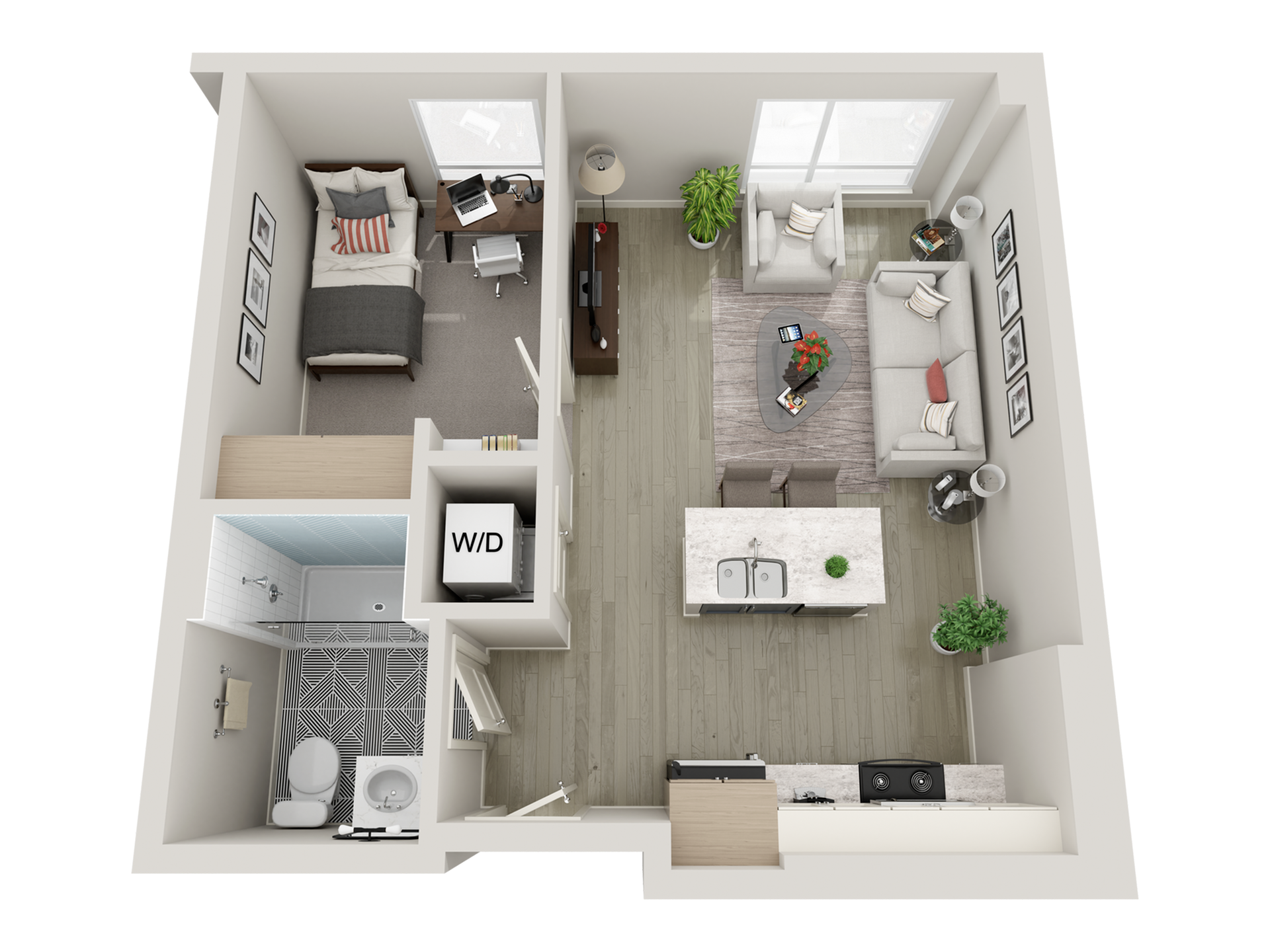 1 bedroom floorplan with a bed, desk, kitchen and island, full bathroom, closet, and washer dryer.