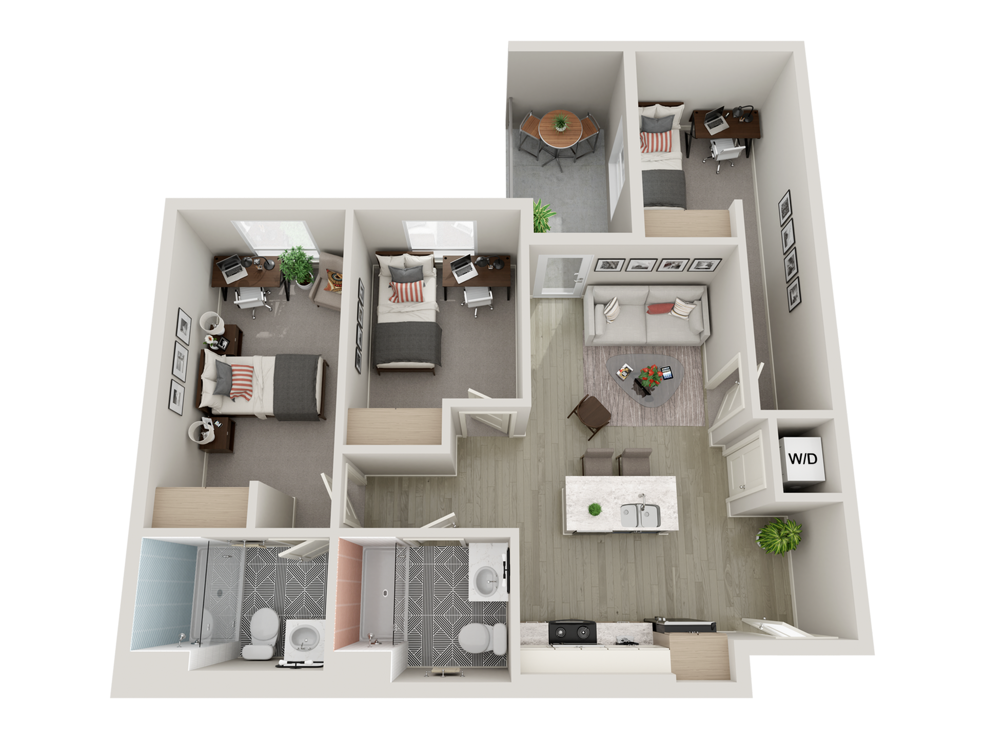 3-bedroom floorplan with beds and desks, kitchen, outdoor patio, 2 bathrooms, and washer dryer.