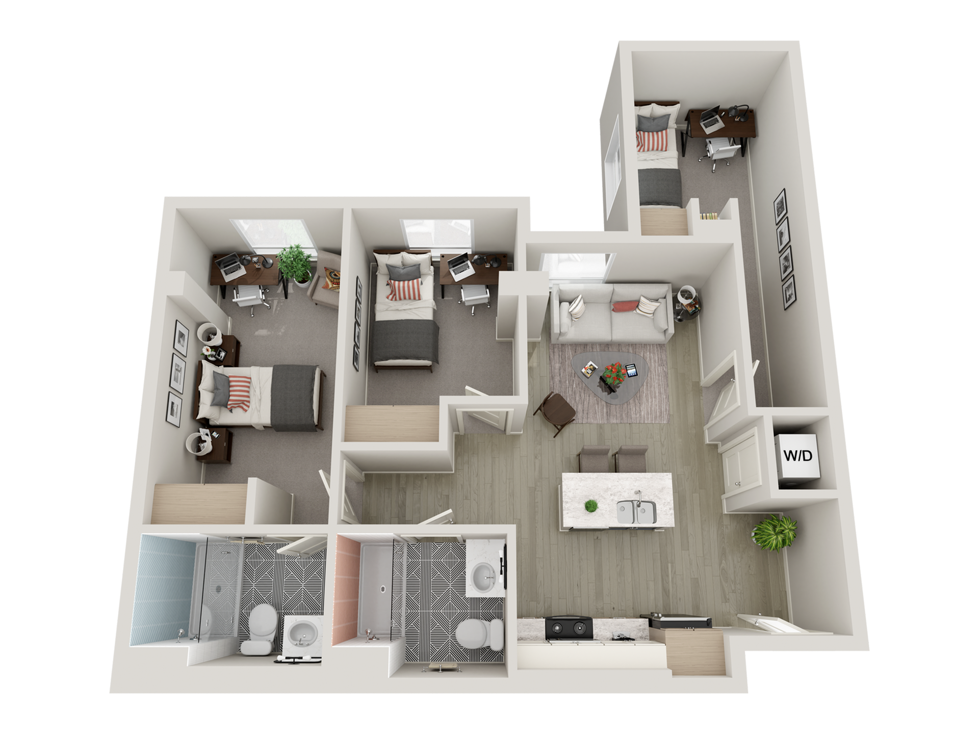 3-bedroom floorplan with beds, desks, closets, kitchen and island, 2 bathrooms, and washer dryer.