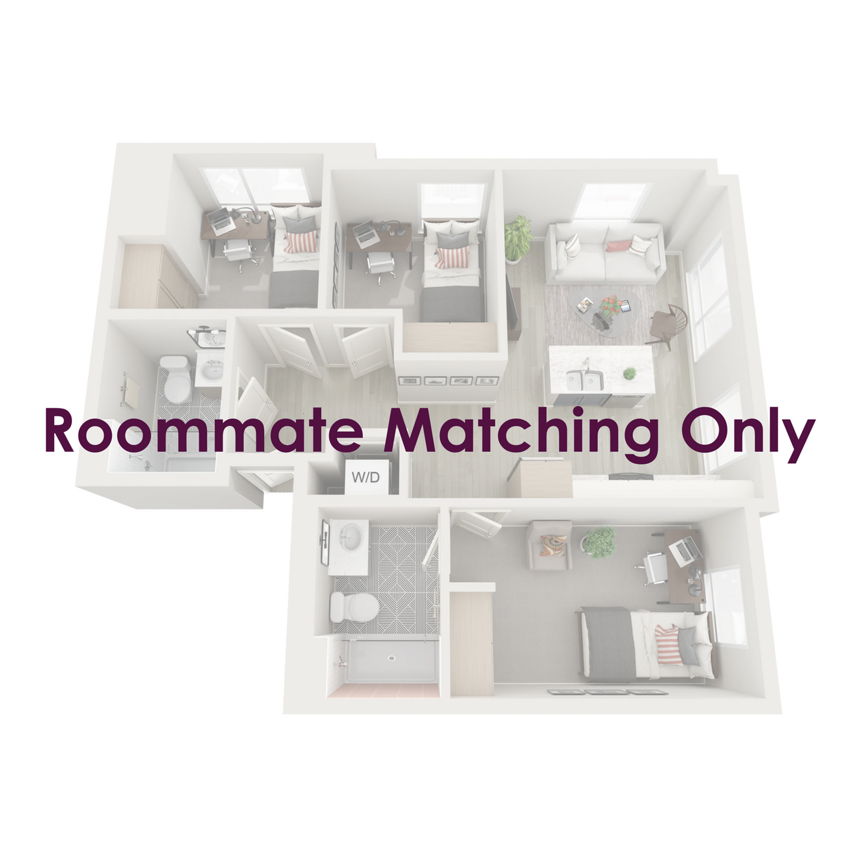 Three-bedroom apartments are fully furnished with a twin XL bed frame/mattress, desk, chair, and dresser drawers in each bedroom; the living room is furnished with barstools, a couch, coffee table, and TV stand.