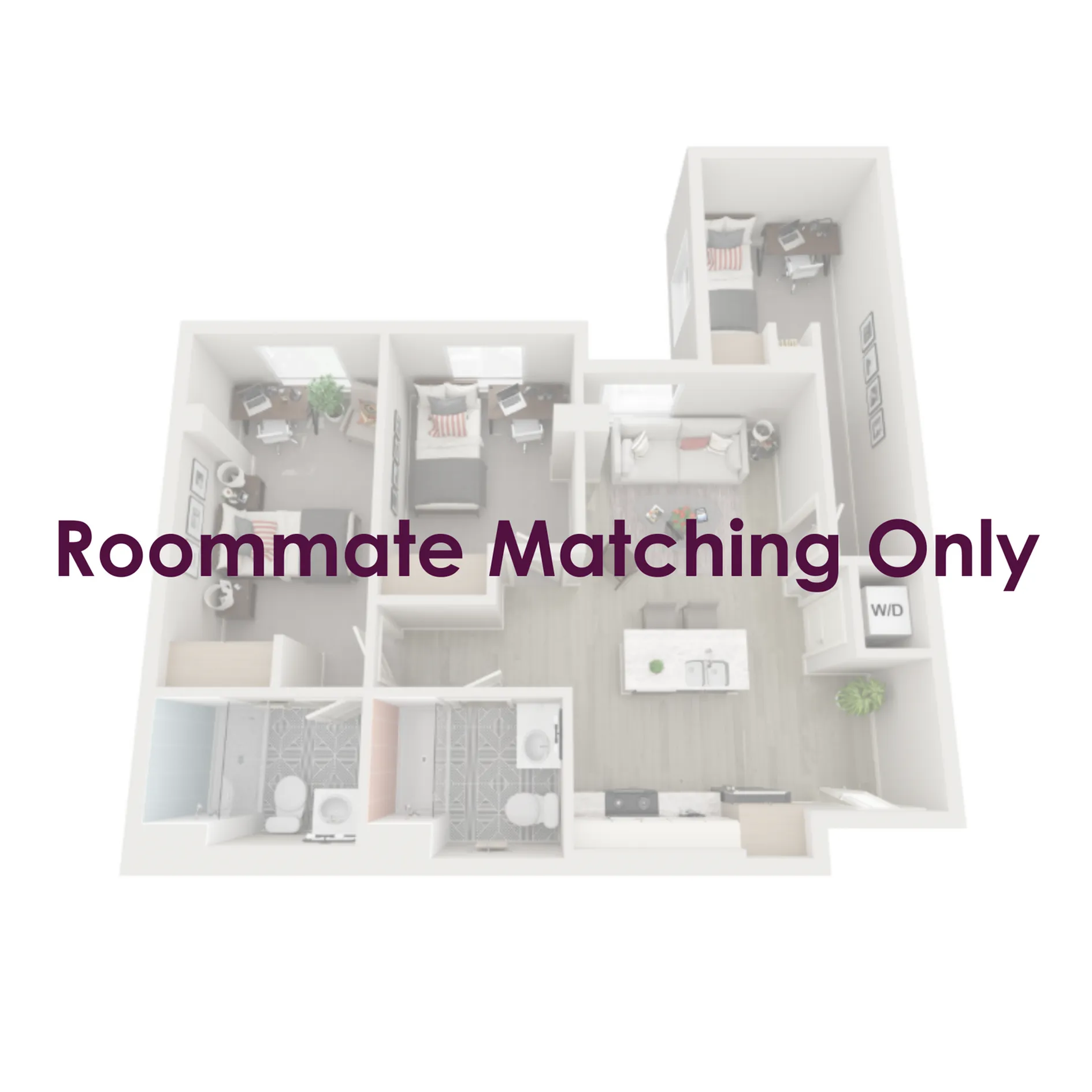 Three-bedroom apartments are fully furnished with a twin XL bed frame/mattress, desk, chair, and dresser drawers in each bedroom; the living room is furnished with barstools, a couch, coffee table, and TV stand.