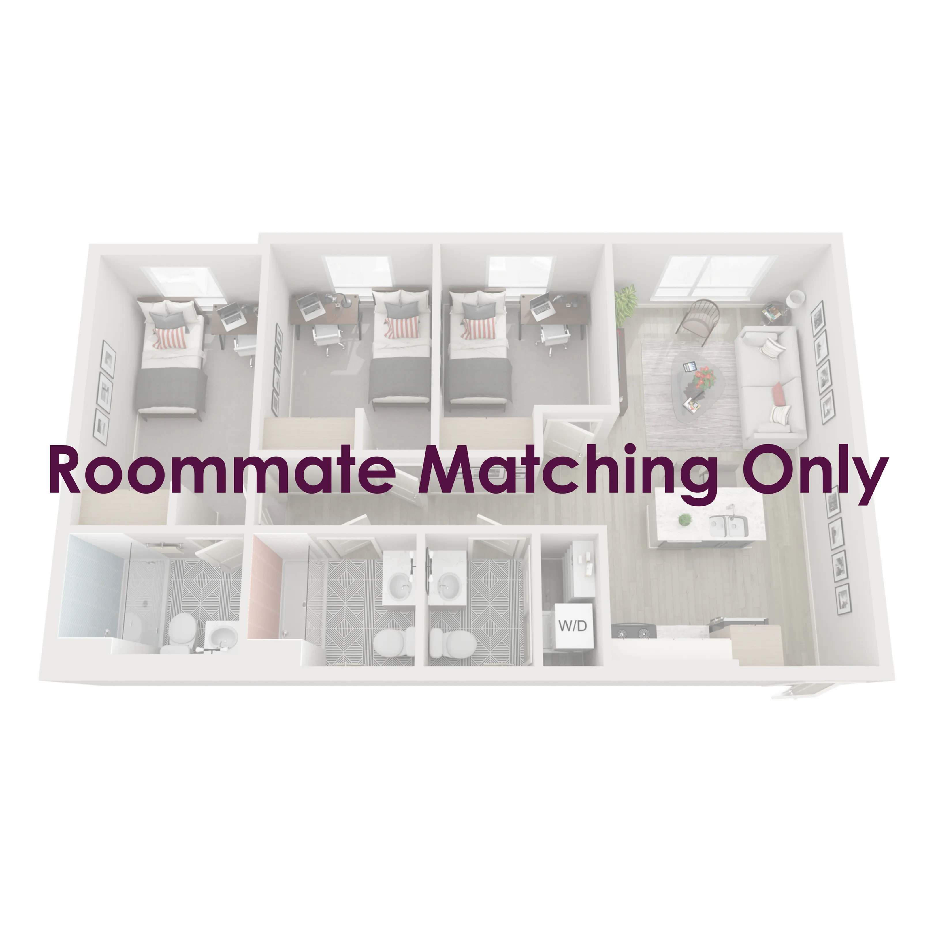 Three-bedroom apartments are fully furnished with a twin XL bed frame/mattress, desk, chair, and dresser drawers in each bedroom; the living room is furnished with barstools, a couch, coffee table, and TV stand.