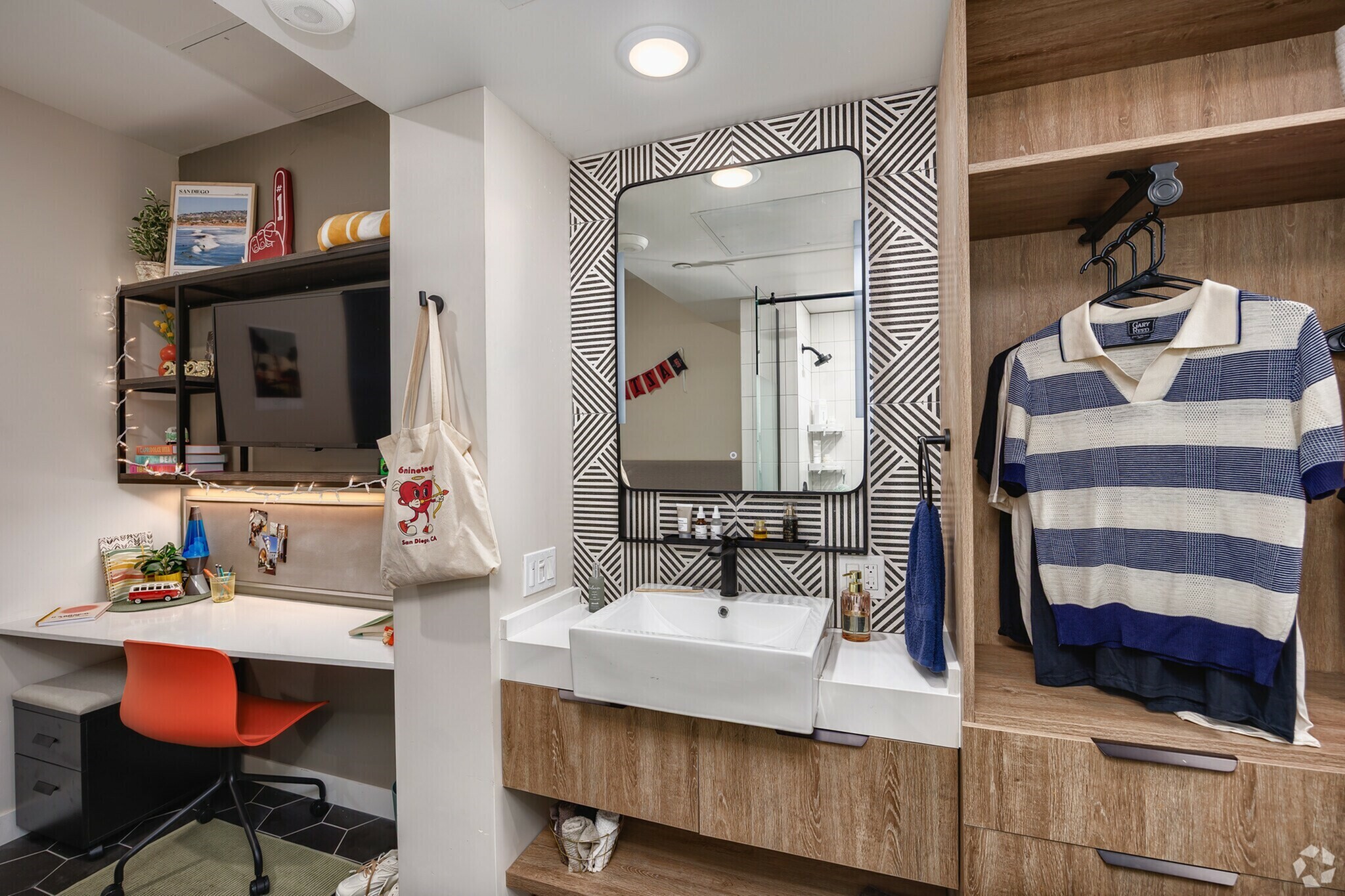 desk and sink and wardrobe
