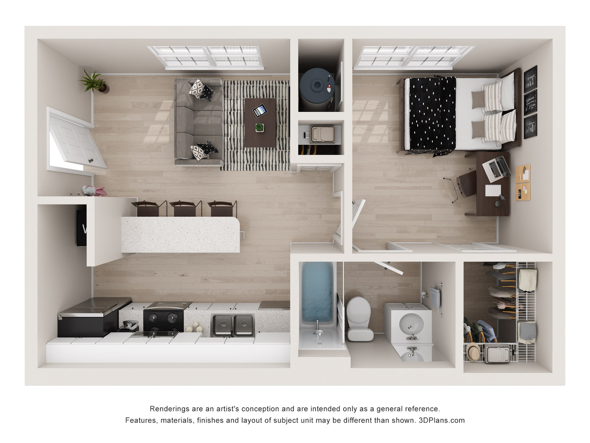 a 1-bedroom apartment floorplan with an open kitchen and living area, private bedroom, full bathroom, and closet space at The Retreat.