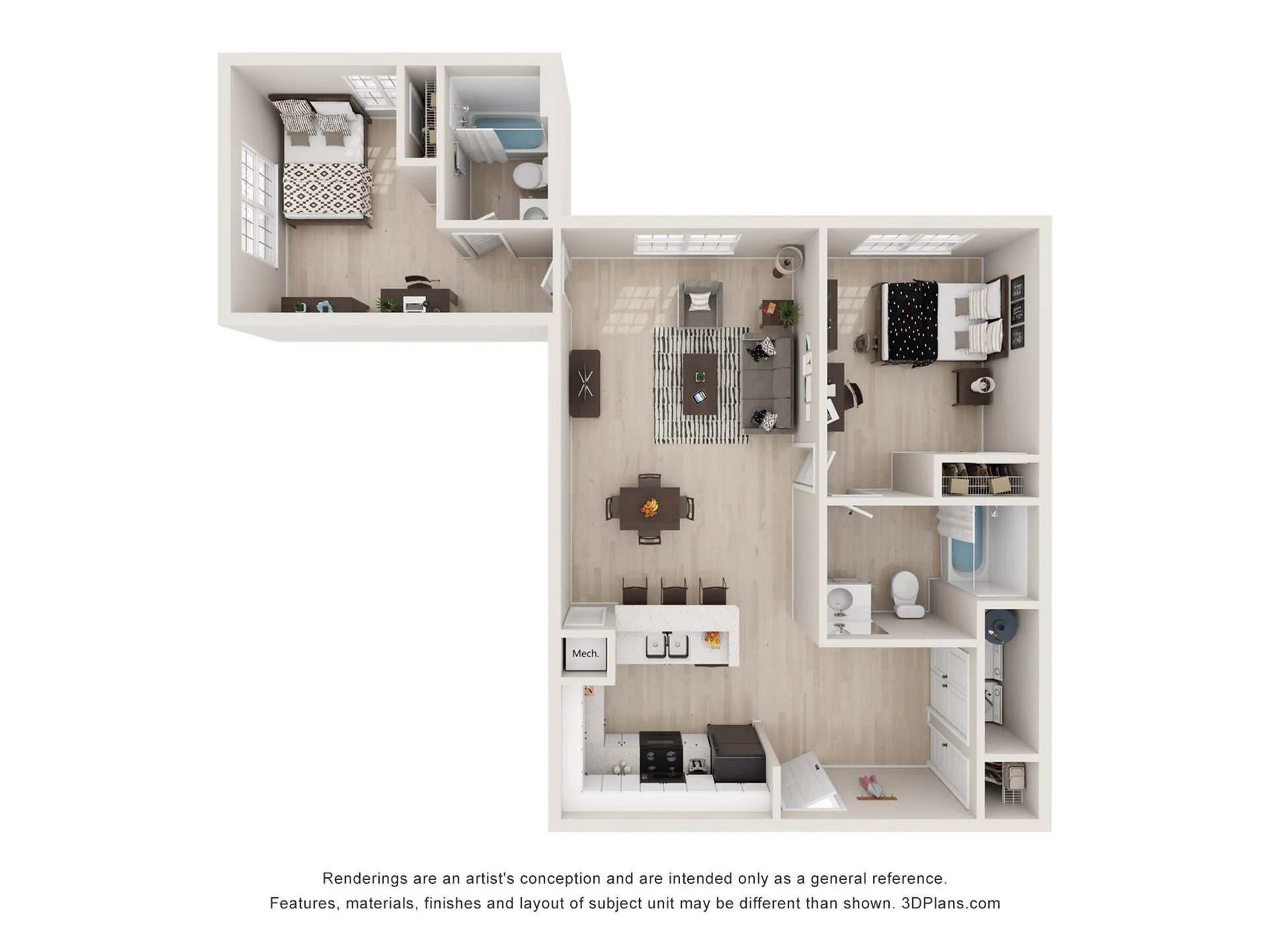 a 2-bedroom apartment floorplan with an open kitchen, dining and living area, two bathrooms, private bedrooms, and closet space at The Retreat.