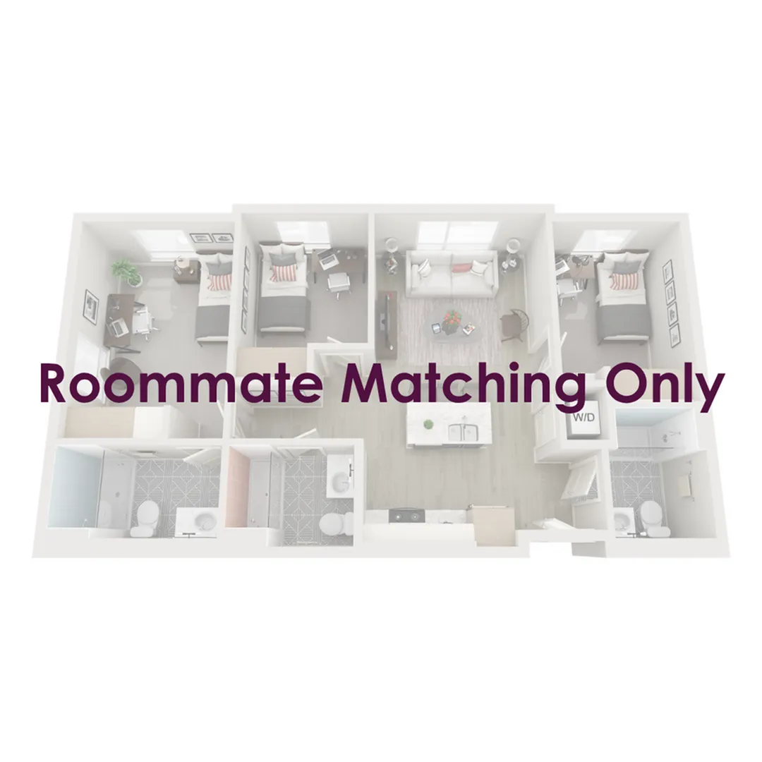 Three-bedroom apartments are fully furnished with a twin XL bed frame/mattress, desk, chair, and dresser drawers in each bedroom; the living room is furnished with barstools, a couch, coffee table, and TV stand.