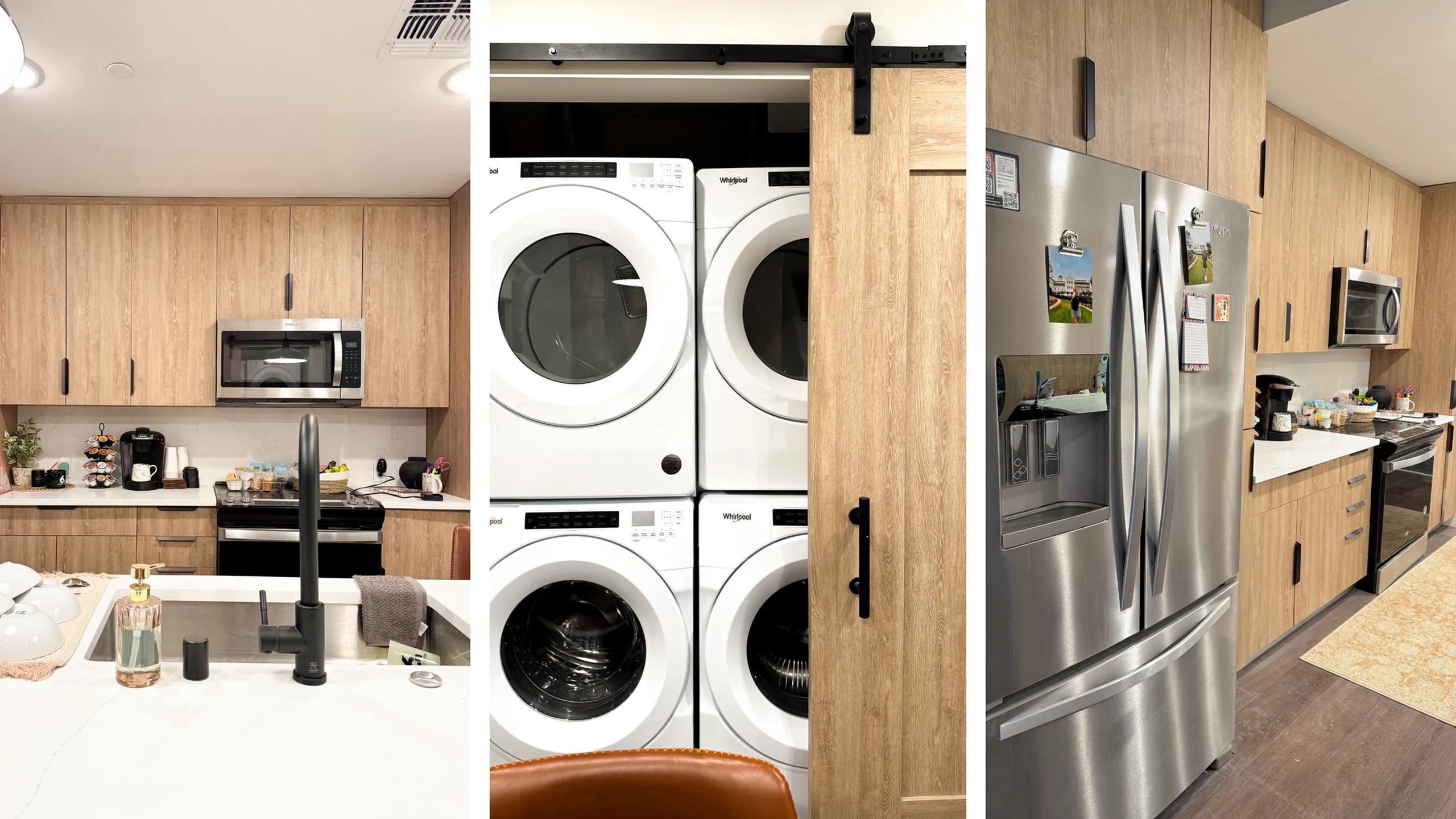 Three images side-by-side showing close-up details of the kitchen area: (1) Coffee station and snack setup next to a microwave and stove. (2) Stack of Whirlpool washer and dryer units behind a partially opened sliding barn door. (3) Stainle