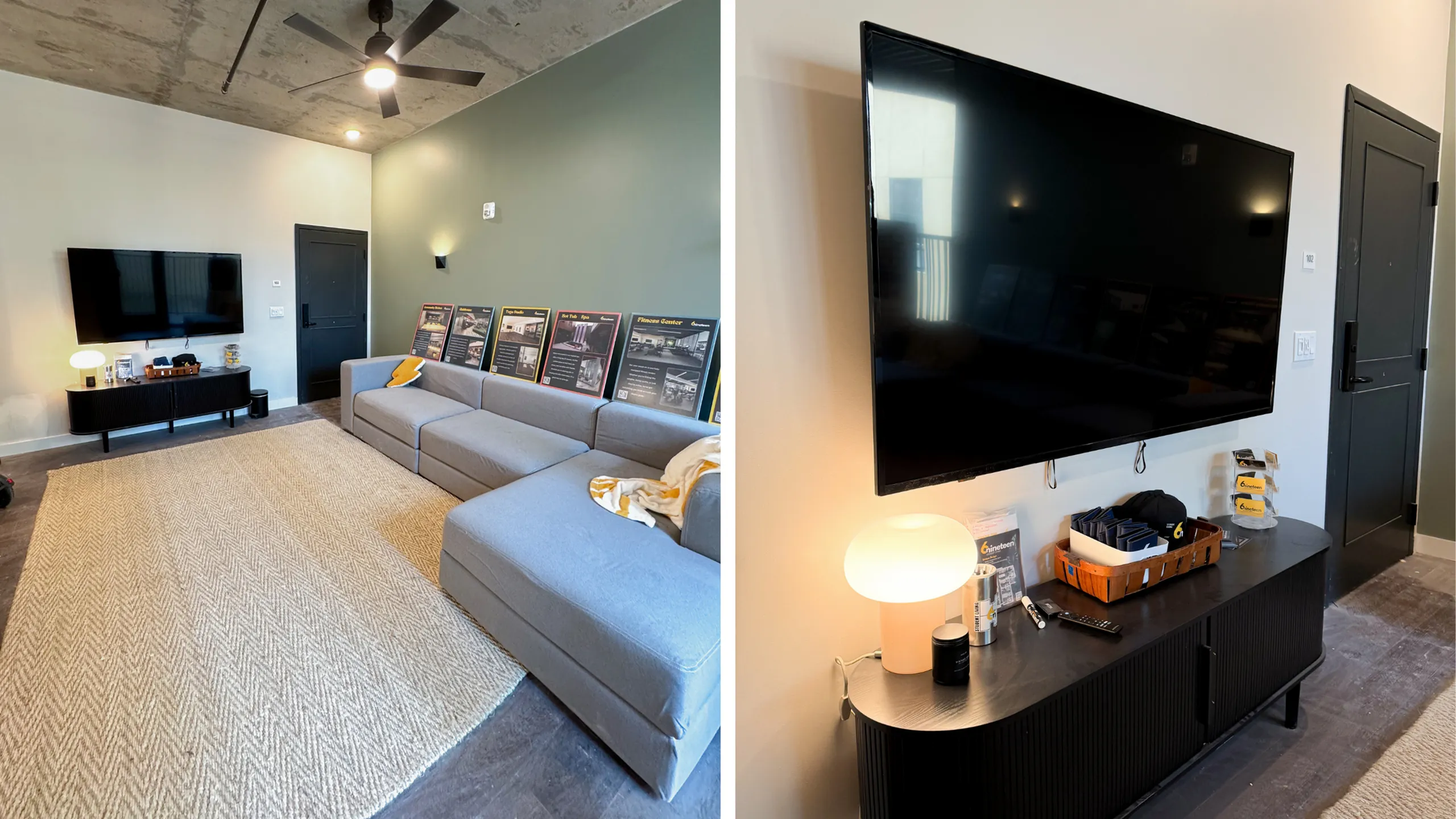 Two images showing the living room: (1) Spacious seating area with a large gray sectional sofa, tan textured rug, concrete ceiling with a black ceiling fan, and framed posters propped against a sage green wall. (2) Close-up of the black ent