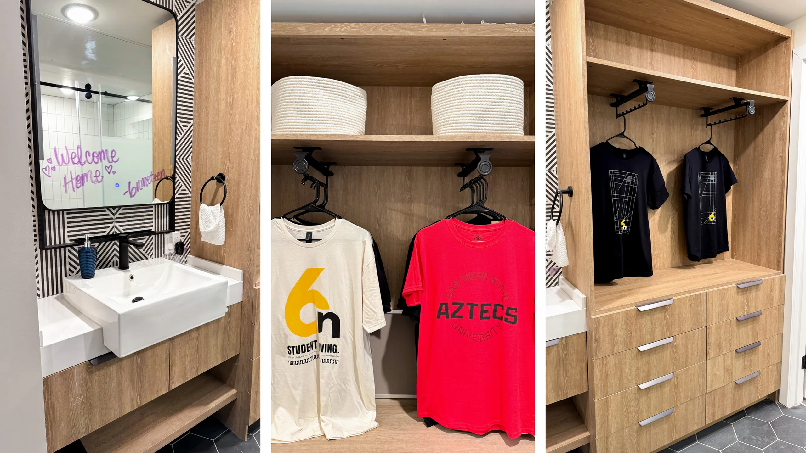 Three images showing interior unit details: (1) Bathroom sink with a black-framed mirror decorated with a handwritten "Welcome Home" message in pink. (2) Closet shelving with hanging shirts branded with “6N Student Living&am