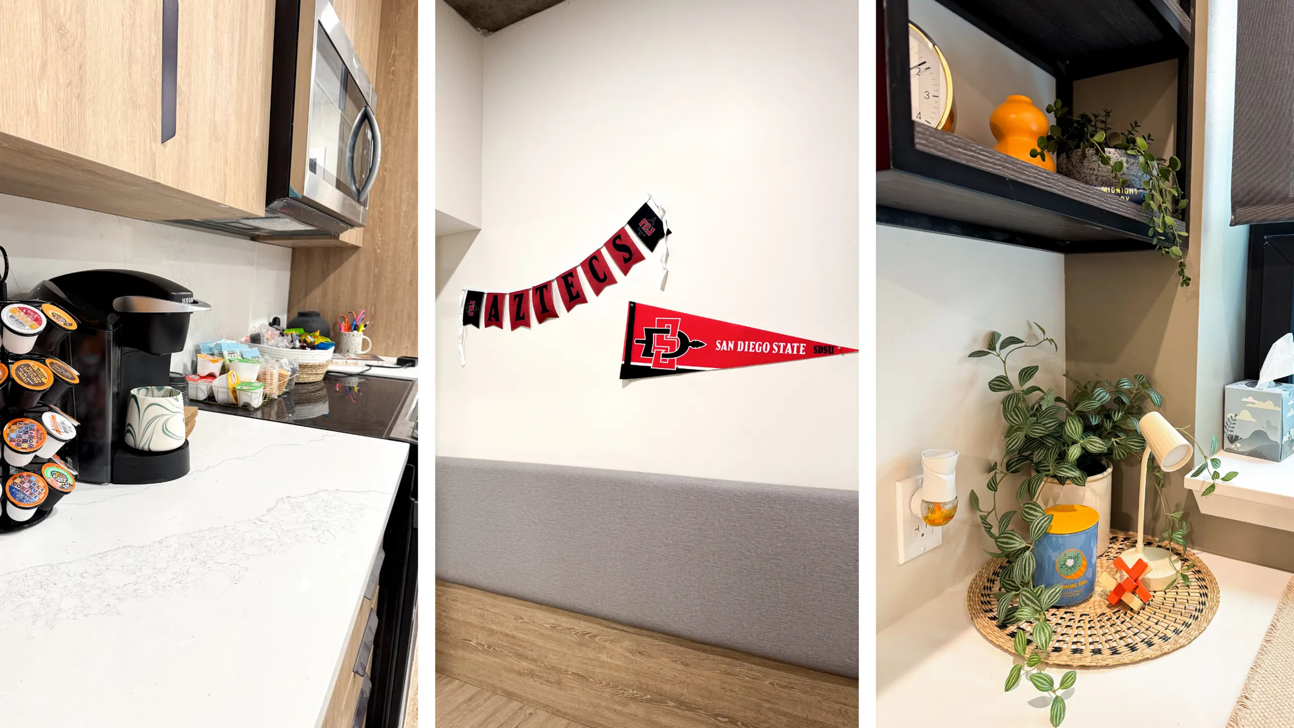 Three images featuring decorative touches inside the unit: (1) Coffee station close-up with K-cups organized in a carousel next to a Keurig machine. (2) Wall decor featuring "AZTECS" banner and San Diego State University pennant o