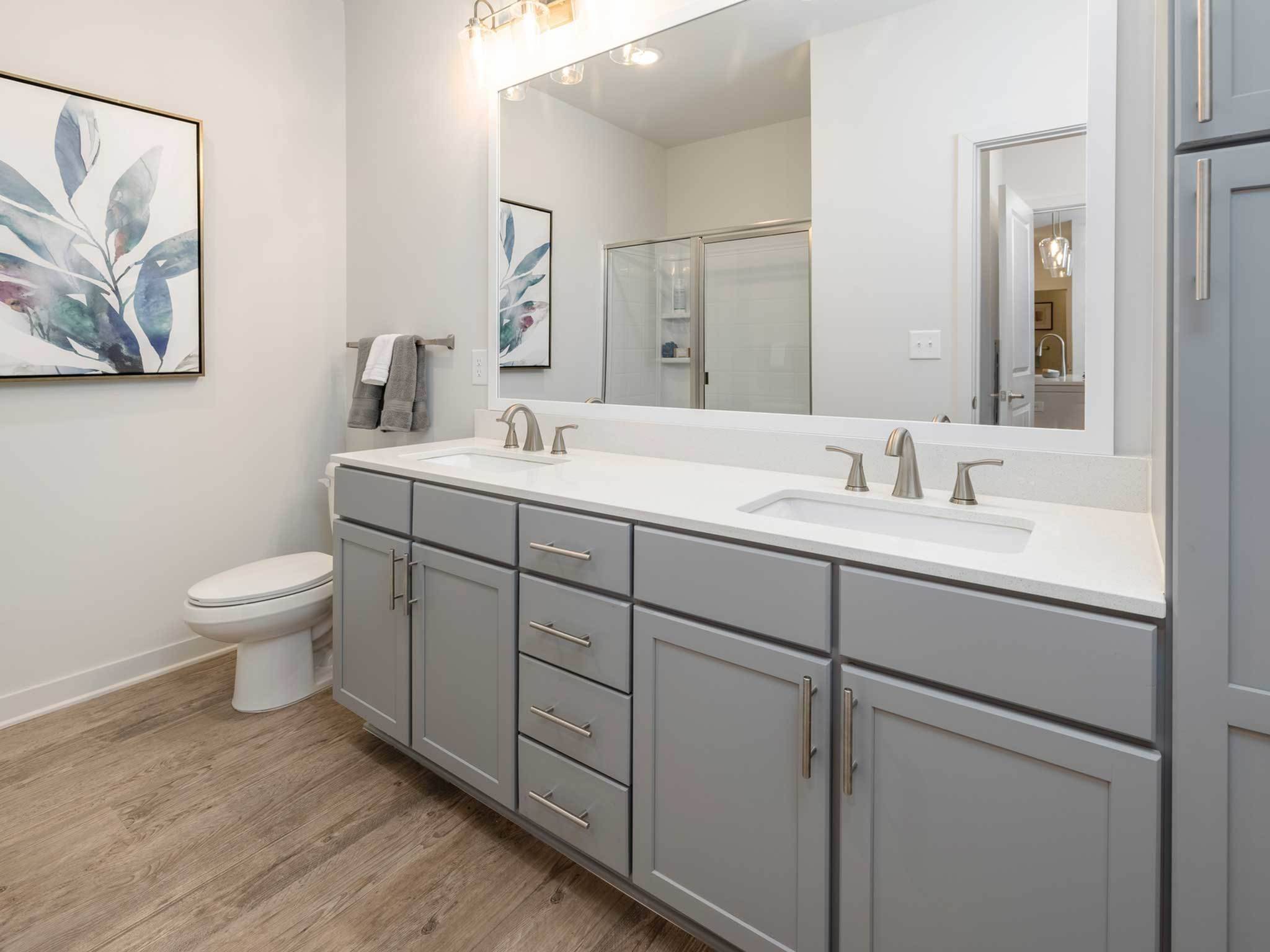Spacious bathroom, double vanity sinks, linen cabinet