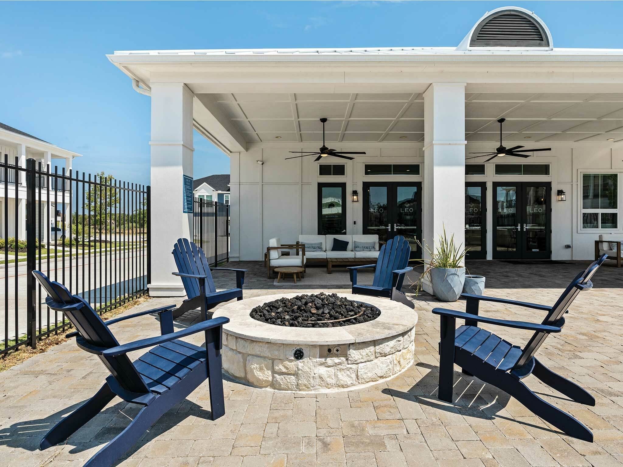 Fire pit and community swimming pool .