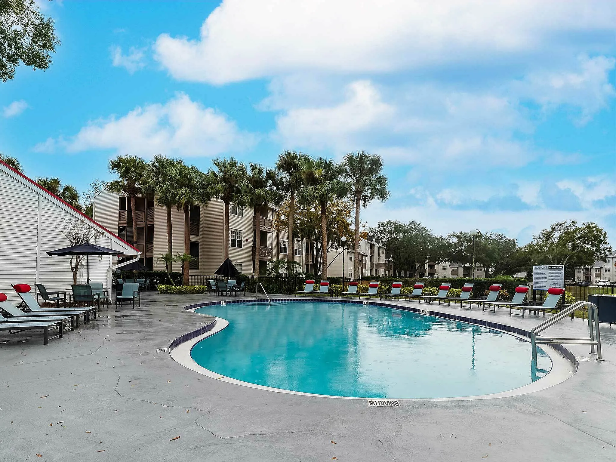 Inviting outdoor pool surrounded by palm trees and lounge chairs in a residential community.