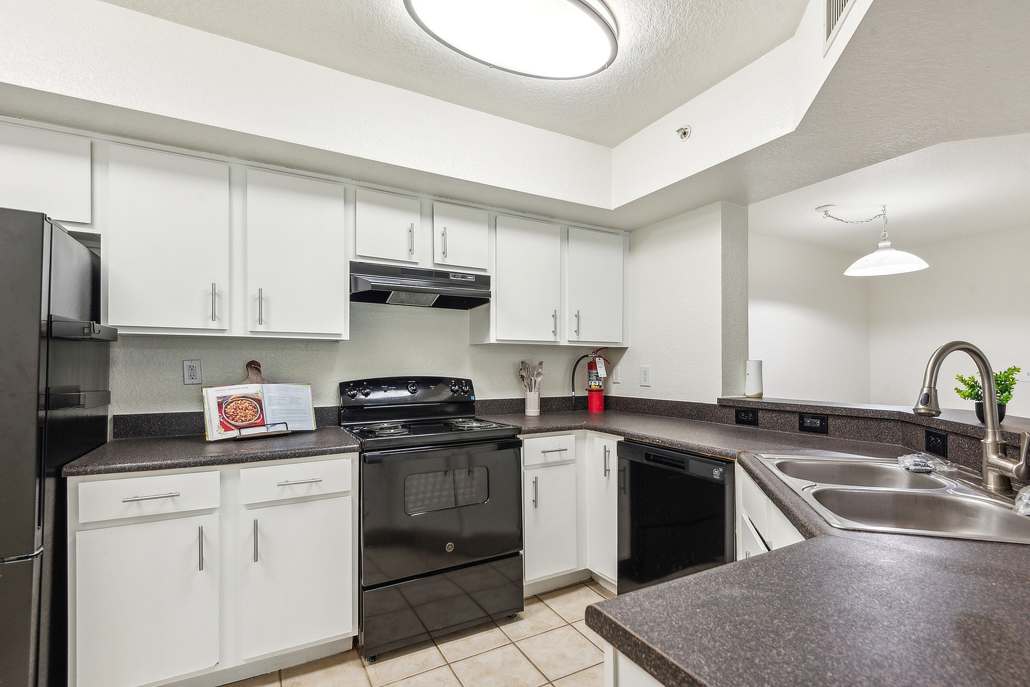Modern kitchen with sleek black appliances, elegant countertops, and bright white cabinetry, complete with a dual sink and stylish lighting.